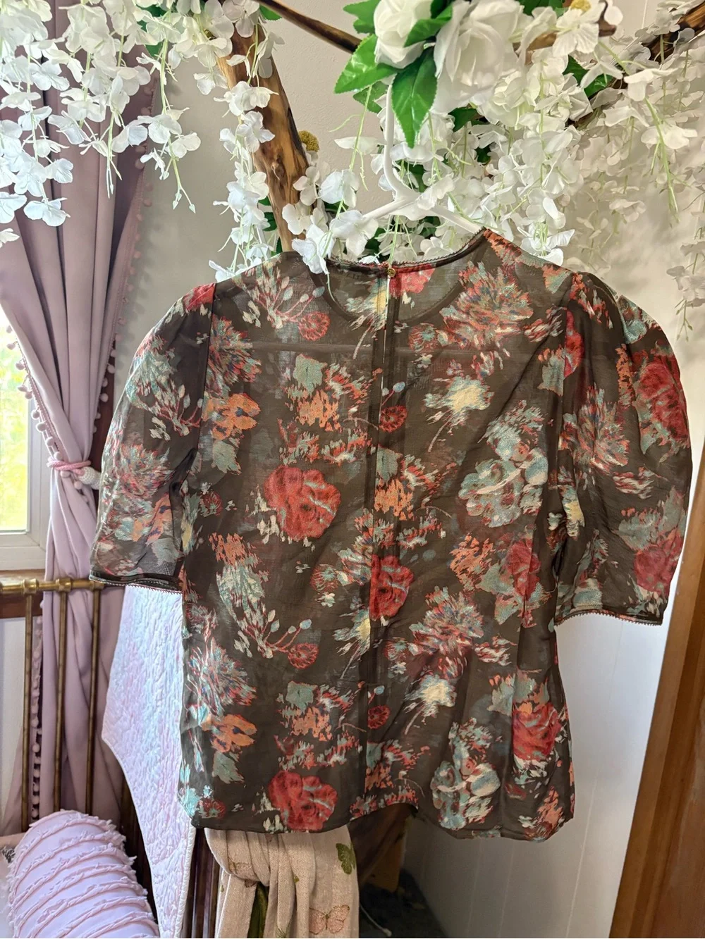 Ulla Johnson Lise Brown Floral Puff-Sleeve Blouse in Fern
